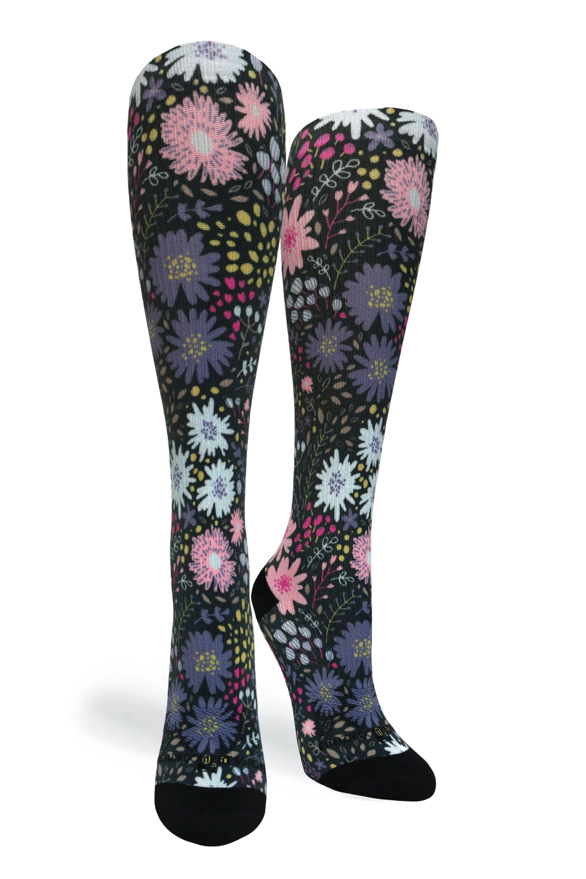 Knee-high compression socks with a dark floral print