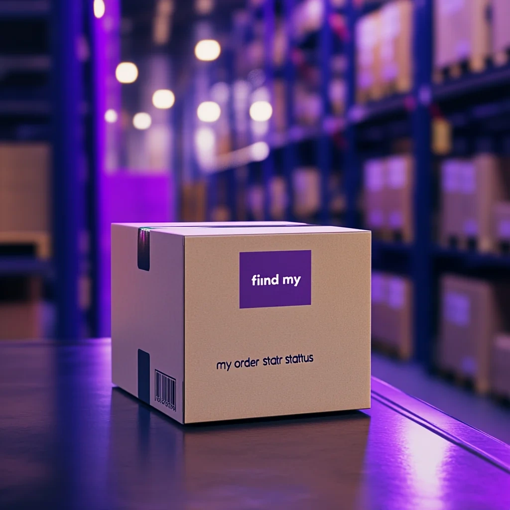 Shipping box in a purple-lit warehouse