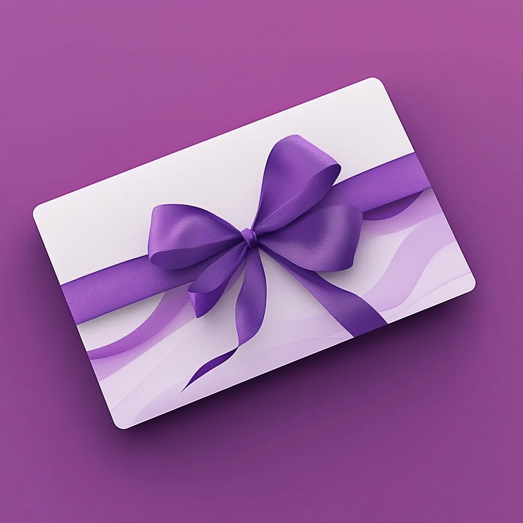 Purple gift card tied with a ribbon