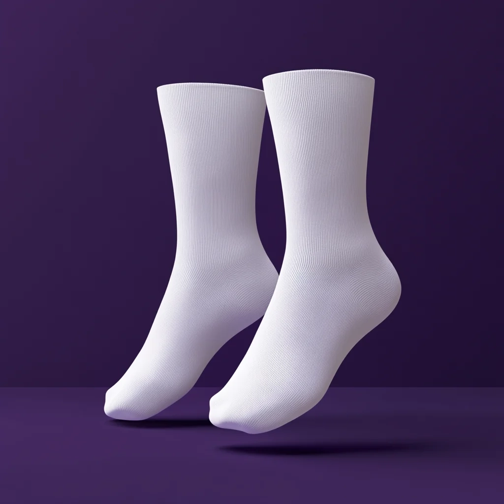 Plain white crew socks on a purple background