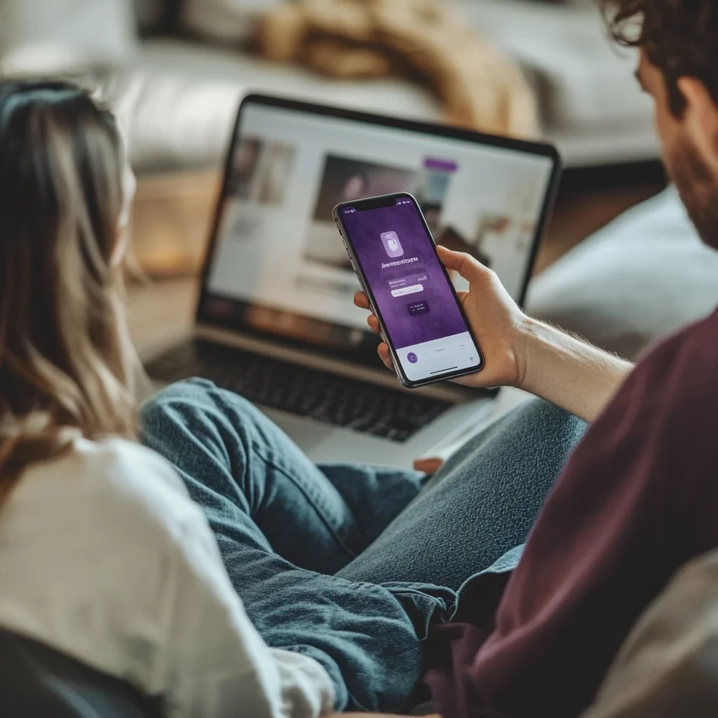 Person on a couch using a laptop with a purple screen