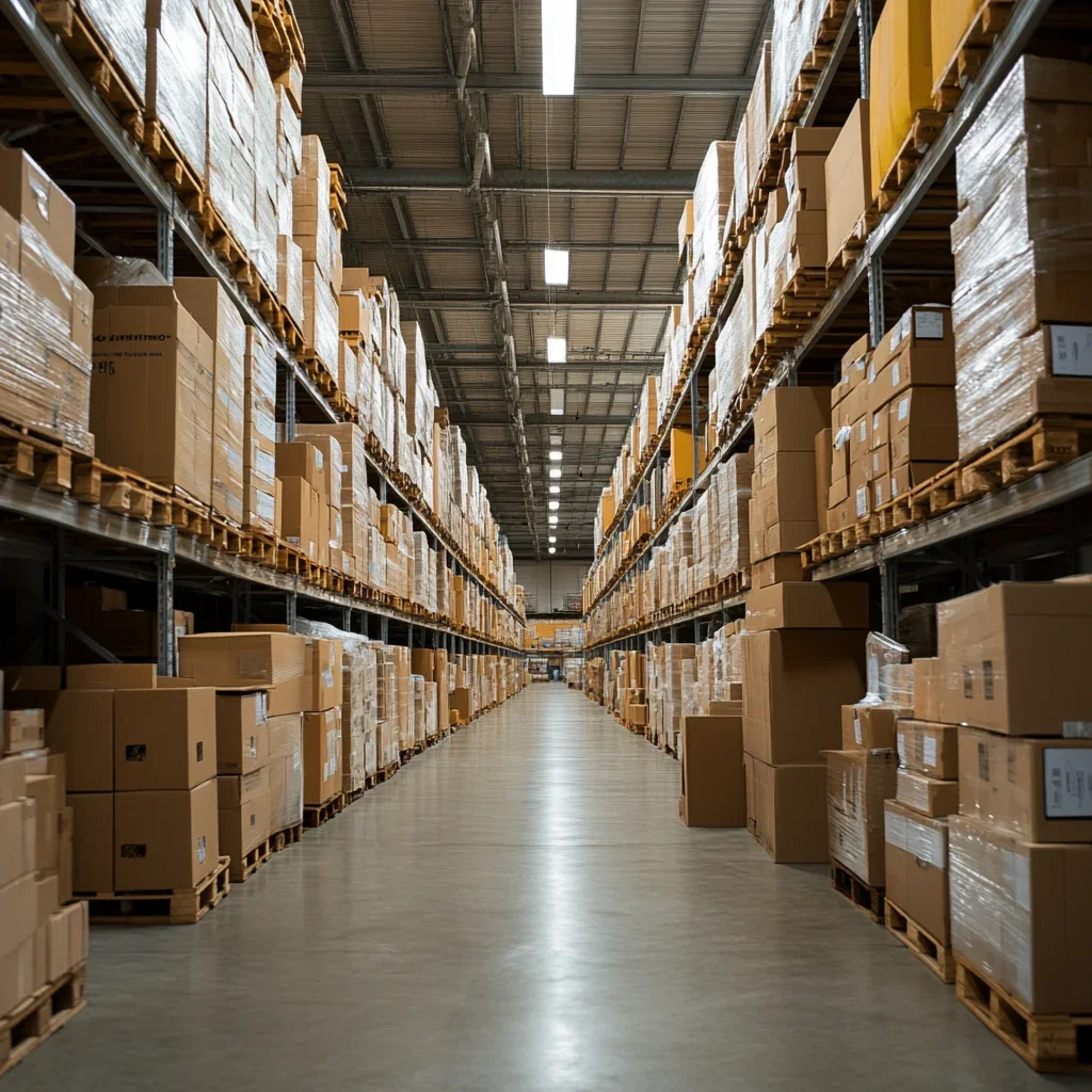 Long warehouse aisle lined with shelves of boxes