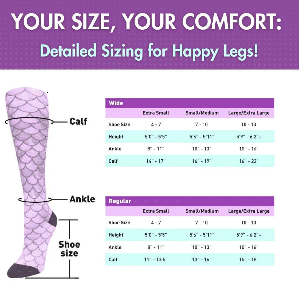 Size chart listing calf, ankle and shoe size ranges