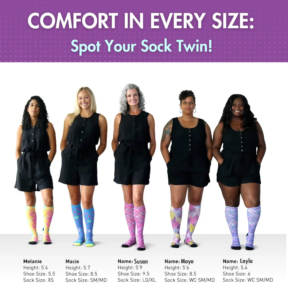 Women of different sizes standing in a row wearing knee-high socks