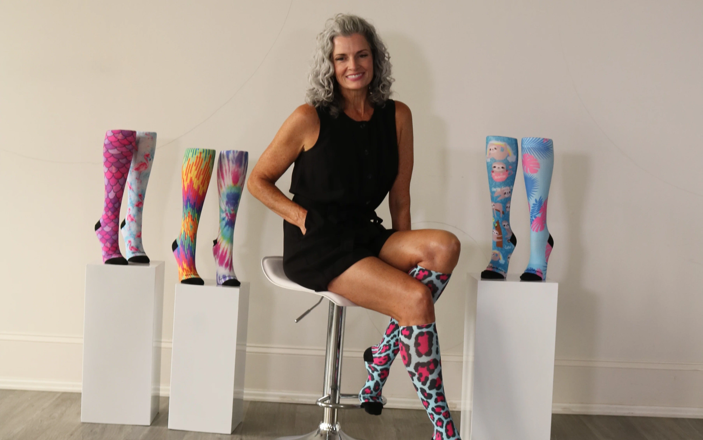 Wide photo of patterned Crazy Compression socks in everyday use
